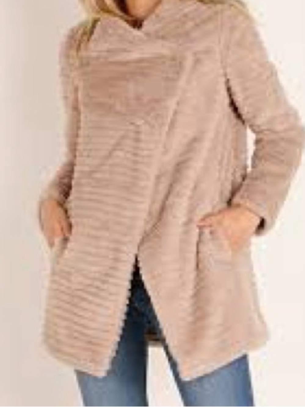 Bb Dakota Plush "Fab Moment" Ribbed Faux Fur Draped Jacket in Tan | S